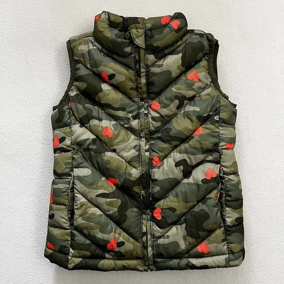Gap Kids Desert Camo Heart Puffer Vest Quilted Green Camouflage Print Girl S 6-7 - Picture 1 of 8